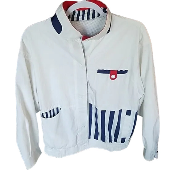 Vintage Izzi Bomber Jacket Unisex L Striped Jacket 80s 90s Nautical Retro - Picture 1 of 3